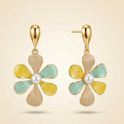 18KT Gold Plated Cute Petal Drop Earrings – Enamel Finish with Pearl Touch