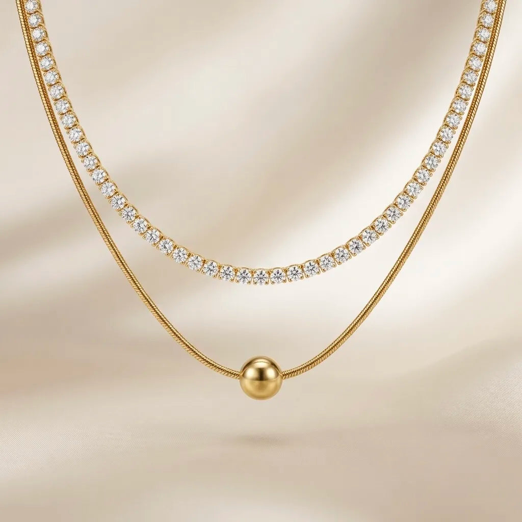 18Kt Gold Plated CZ Tennis & Ball Pendant Necklace