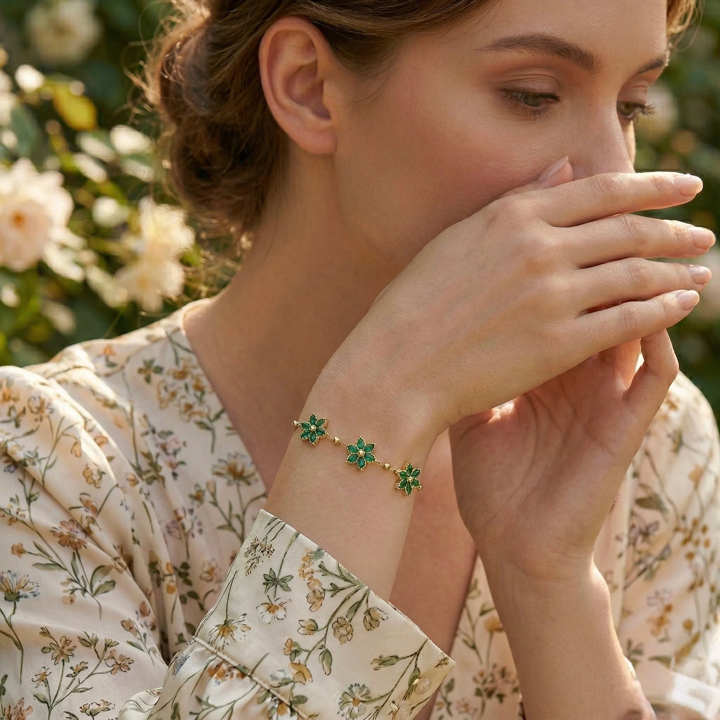 18Kt Gold Plated Green Floral Charm Bracelet