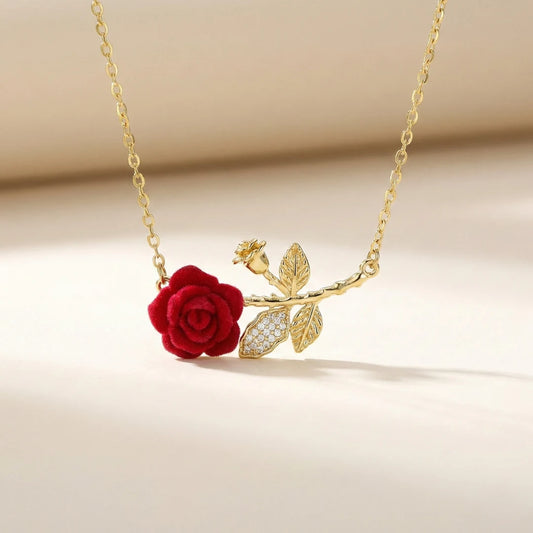 18KT Gold Plated Red Rose Gold Stem Pendant Necklace