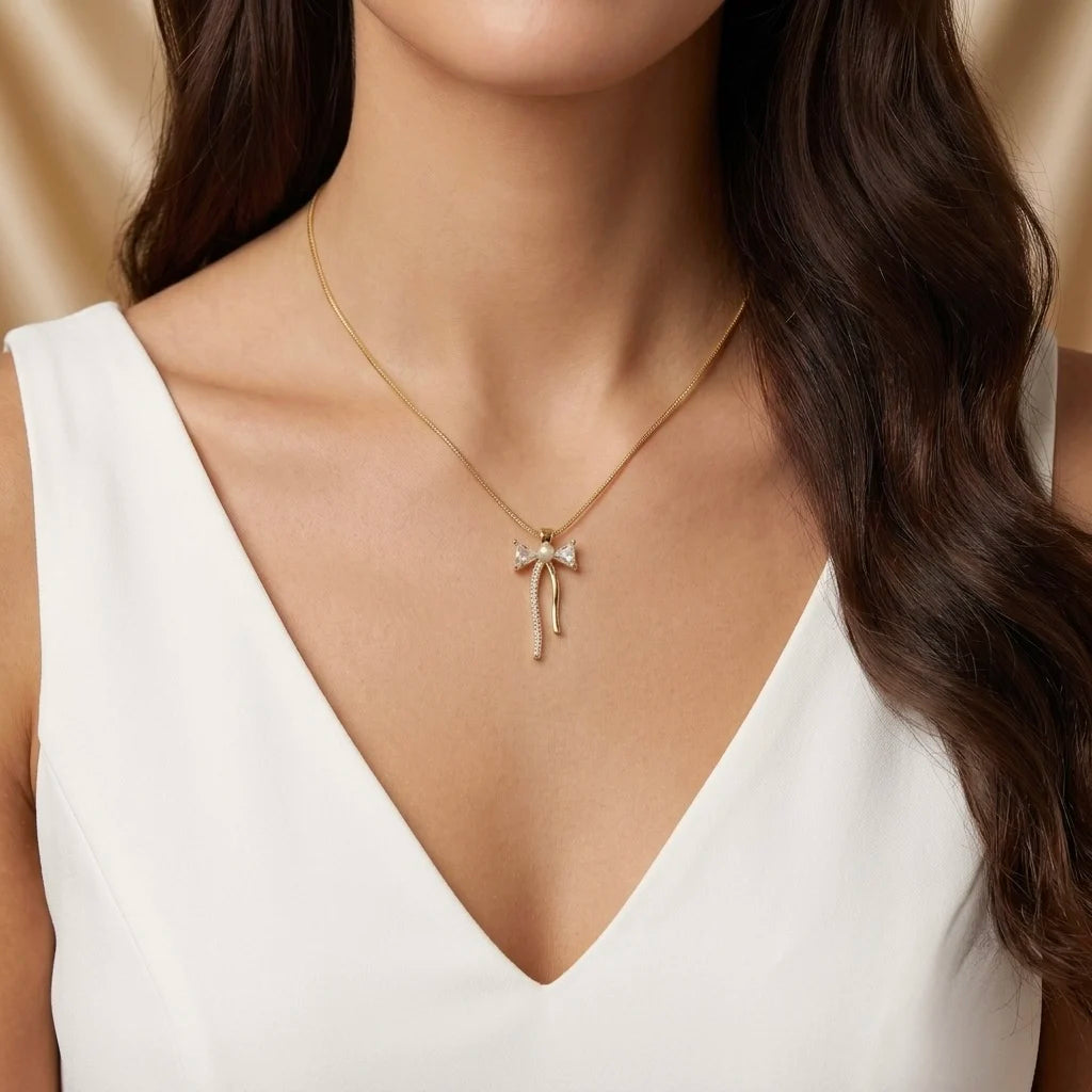 18Kt Gold Plated Bow Shaped Pearl Necklace
