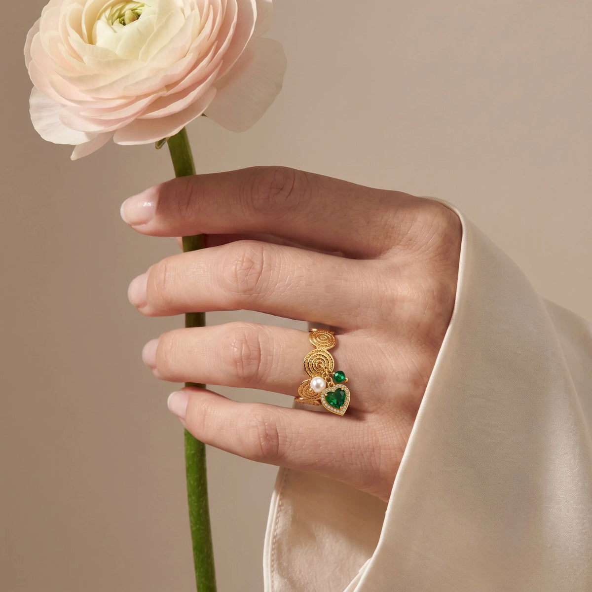 18Kt Gold Plated Emerald Green Heart Charm Adjustable Ring