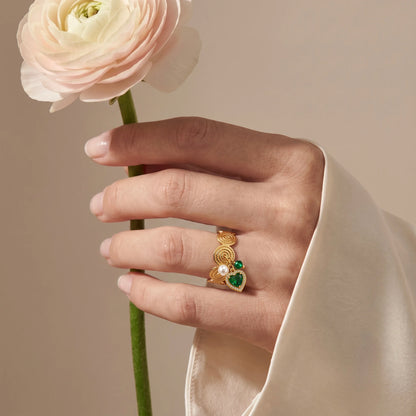 18Kt Gold Plated Emerald Green Heart Charm Adjustable Ring