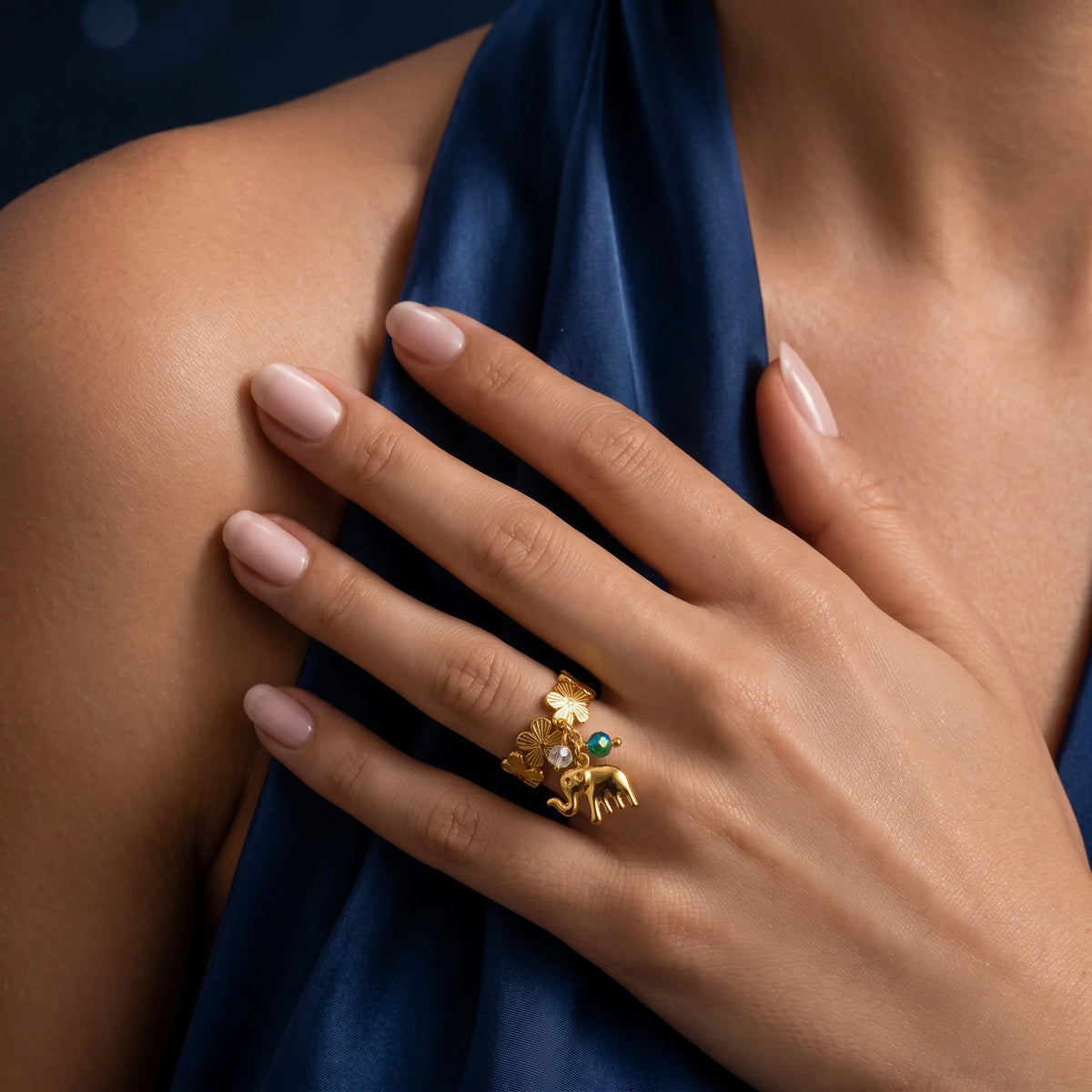 18Kt Gold Plated Elephant Charm Adjustable Ring