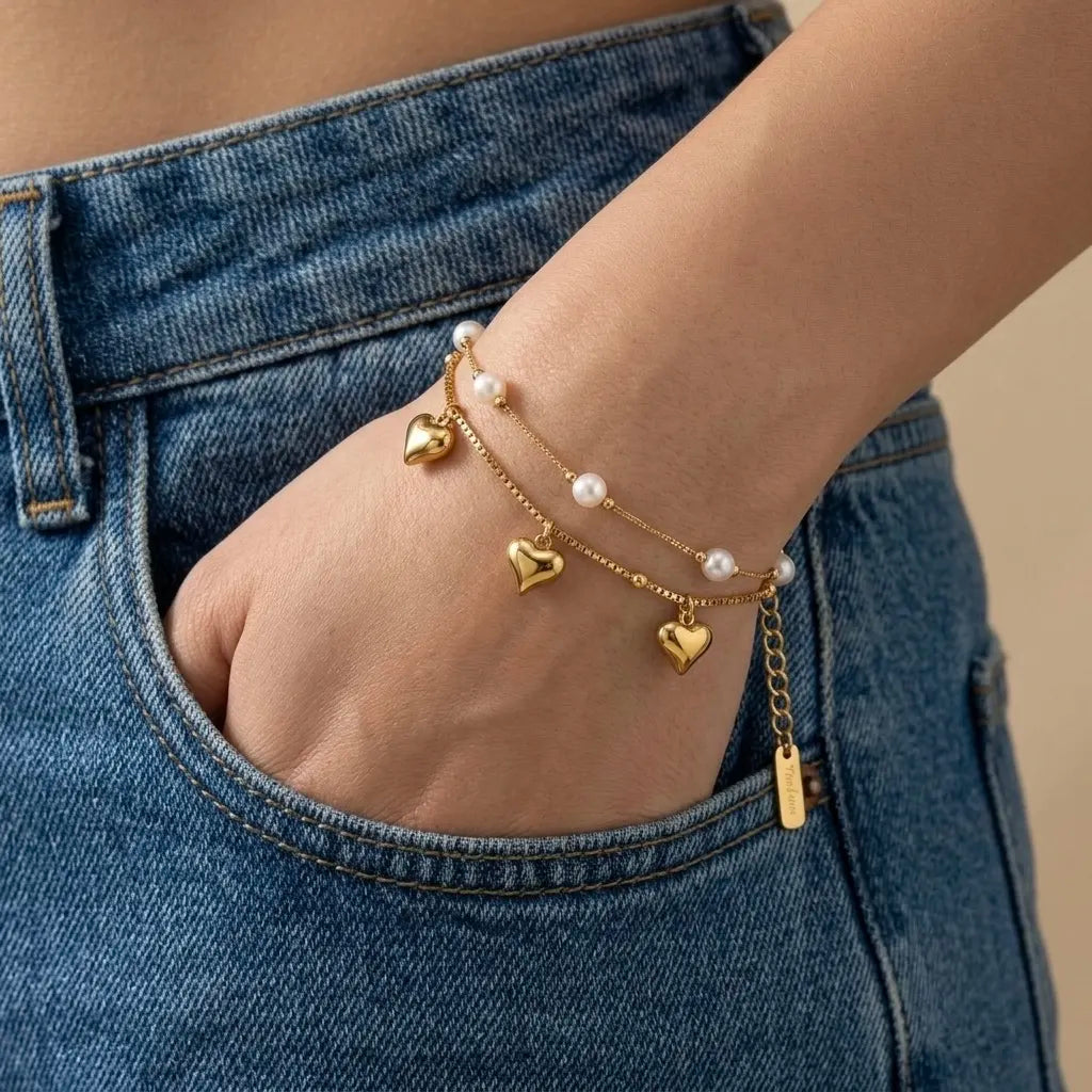18Kt Gold Plated Layered Heart Charm Pearl Bracelet