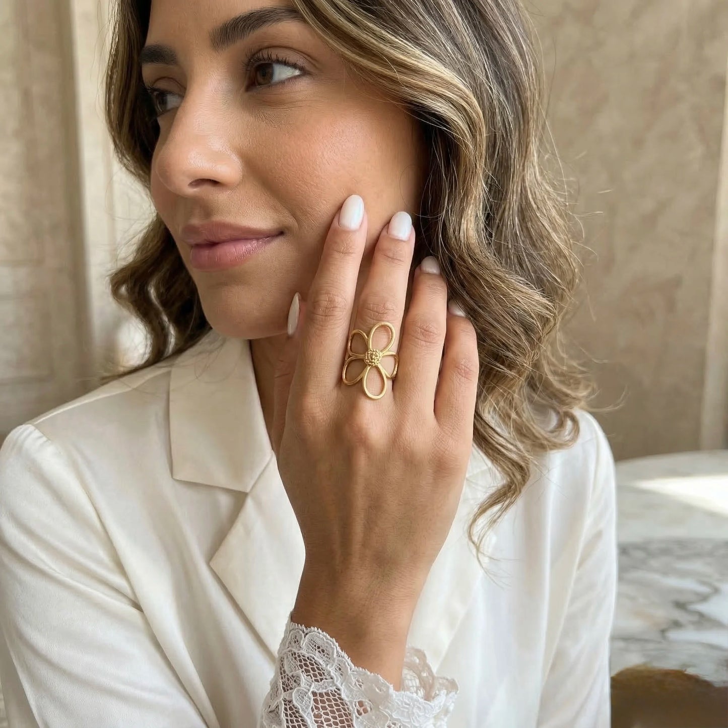 Adjustable, 18Kt Gold Plated Open Flower Designer Ring