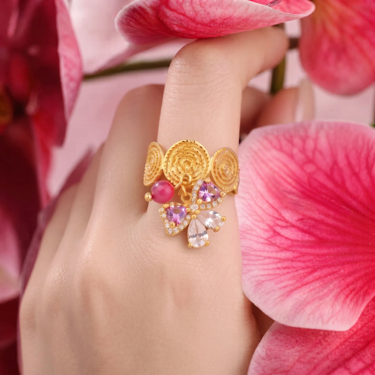 18Kt Gold Plated Pink bow Adjustable  Ring