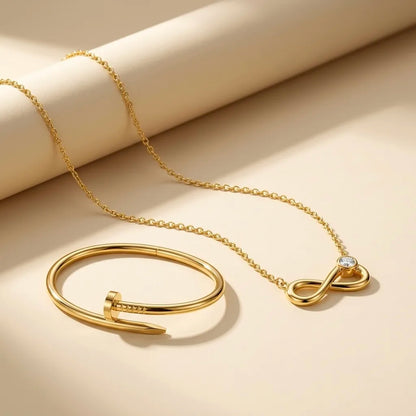 18Kt Gold Plated Infinity Pendant & Nail Bracelet Set