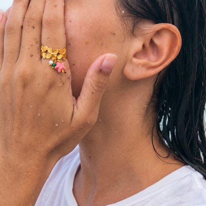 18Kt Gold Plated Pink Star Charm Adjustable Ring