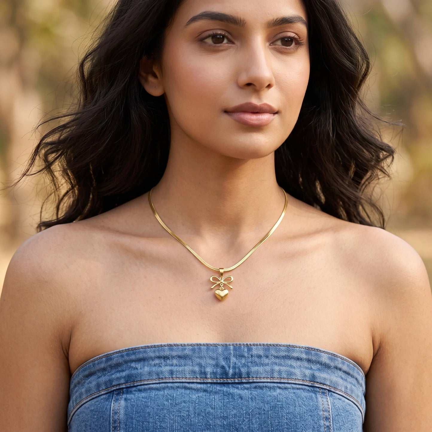 18KT Gold Plated Elegant Bow Heart Pendant Chain