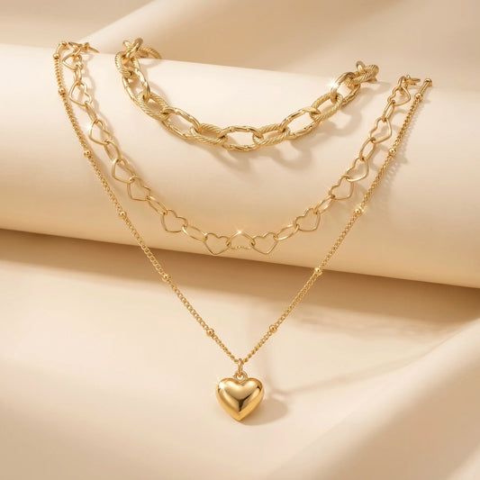 18Kt Gold Plated Triple Layer Heart Pendant Necklace