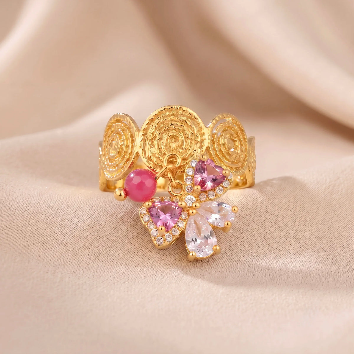 18Kt Gold Plated Pink bow Adjustable  Ring
