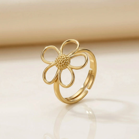 Adjustable, 18Kt Gold Plated Open Flower Designer Ring