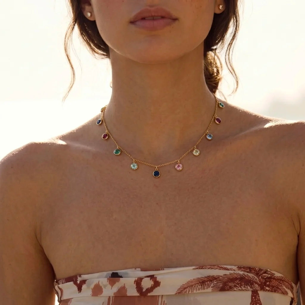 18Kt Gold Plated Multicolor Stone Charm Necklace