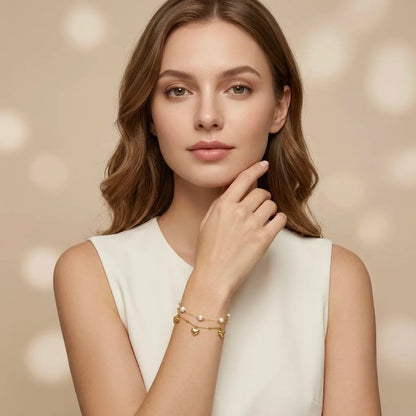 18Kt Gold Plated Layered Heart Charm Pearl Bracelet