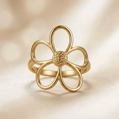 Adjustable, 18Kt Gold Plated Open Flower Designer Ring