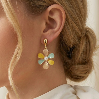 18KT Gold Plated Cute Petal Drop Earrings – Enamel Finish with Pearl Touch