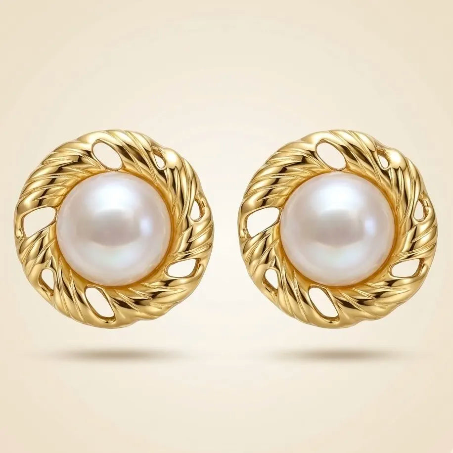 18KT Gold Plated Twisted Halo Pearl Studs