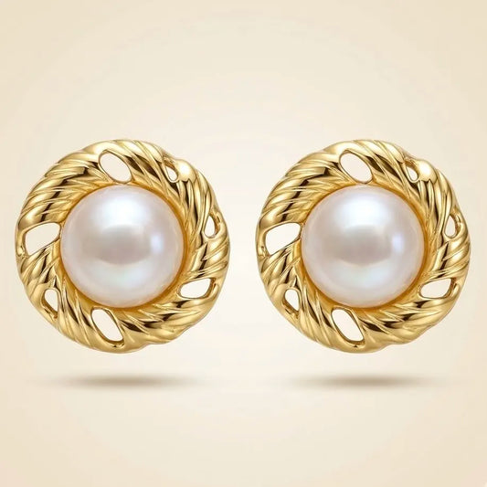 18KT Gold Plated Twisted Halo Pearl Studs