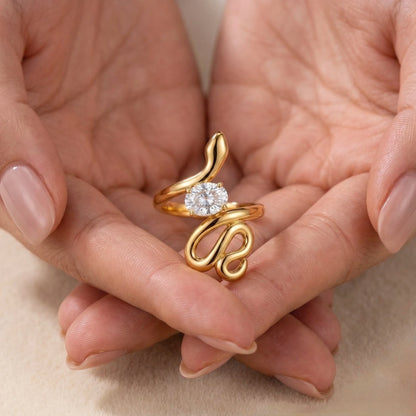 Adjustable, 18Kt Gold Plated Snake Wrap Crystal Ring