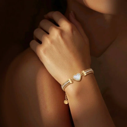 18Kt Gold Plated Mother of Pearl Heart Crystal Layered Bracelet
