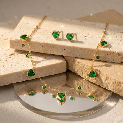 18Kt Gold Plated Green Stone Heart Necklace With Earrings