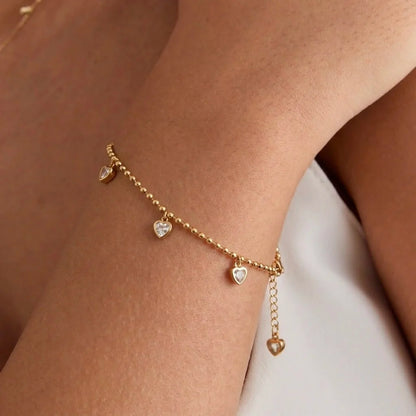 18Kt Gold Plated Crystal Heart Charm Beaded Bracelet