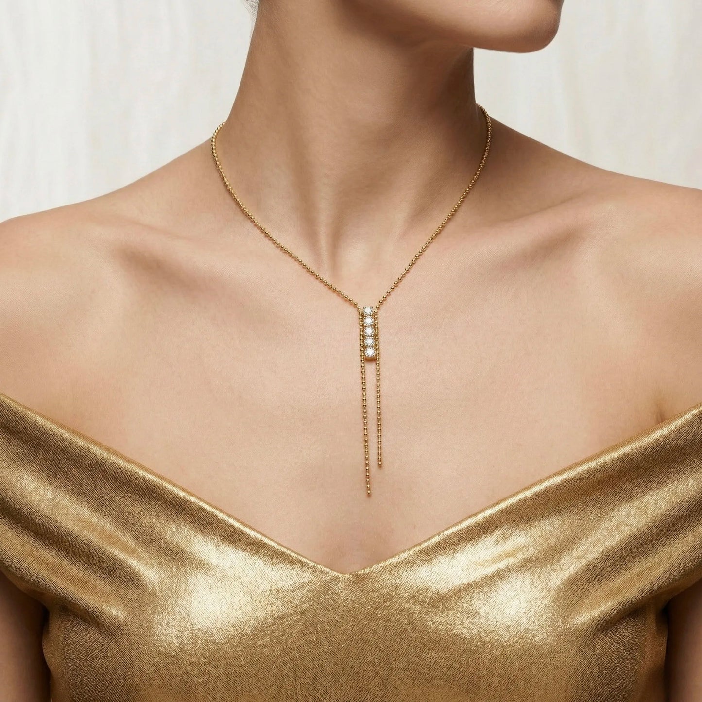 18Kt Gold Plated CZ Bar Tassel Necklace