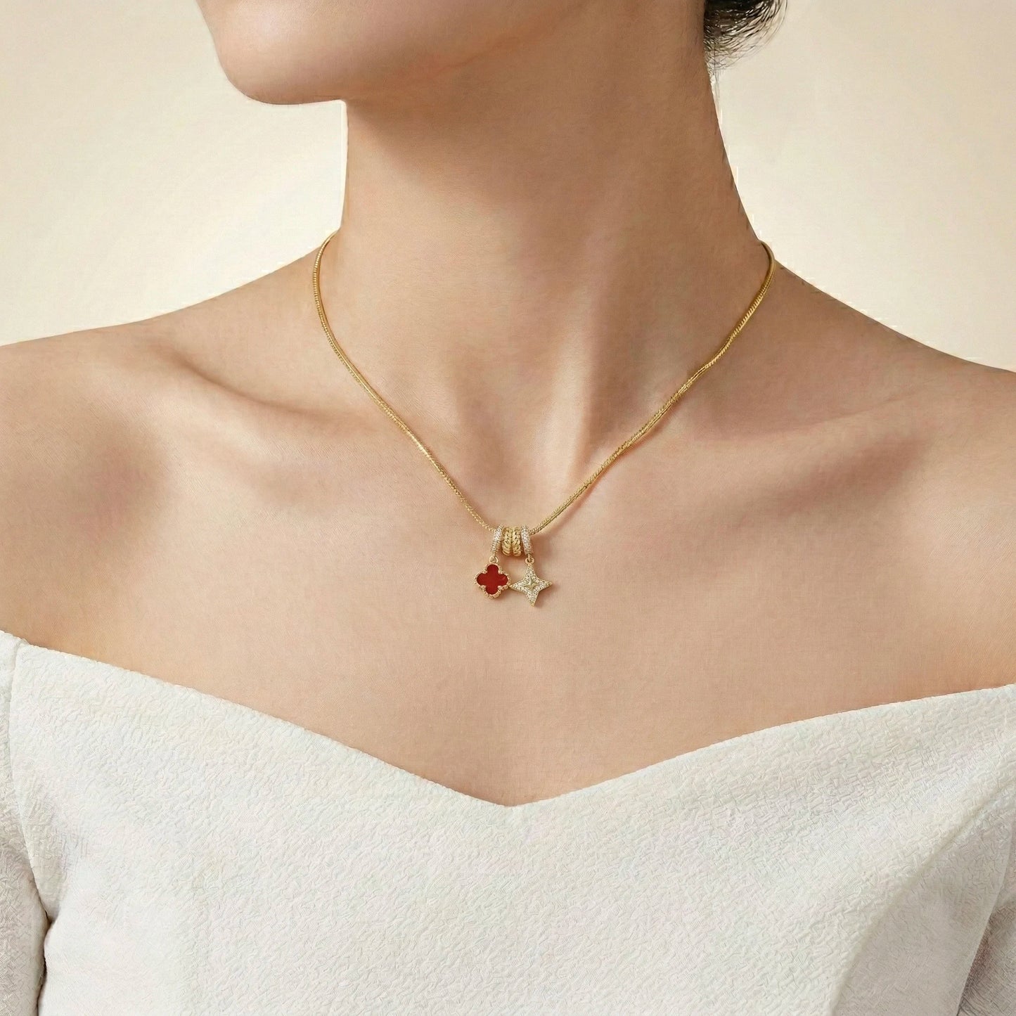 18Kt Gold Plated Dual Charm Clover Necklace