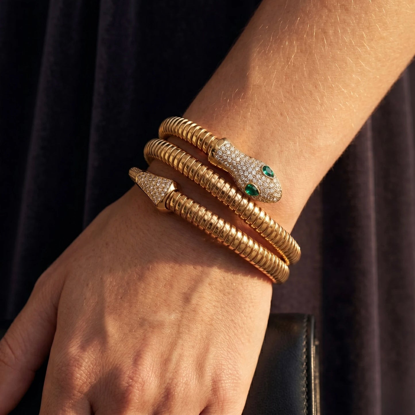 18KT Gold Plated Emerald Eye Luxe Snake Bracelet