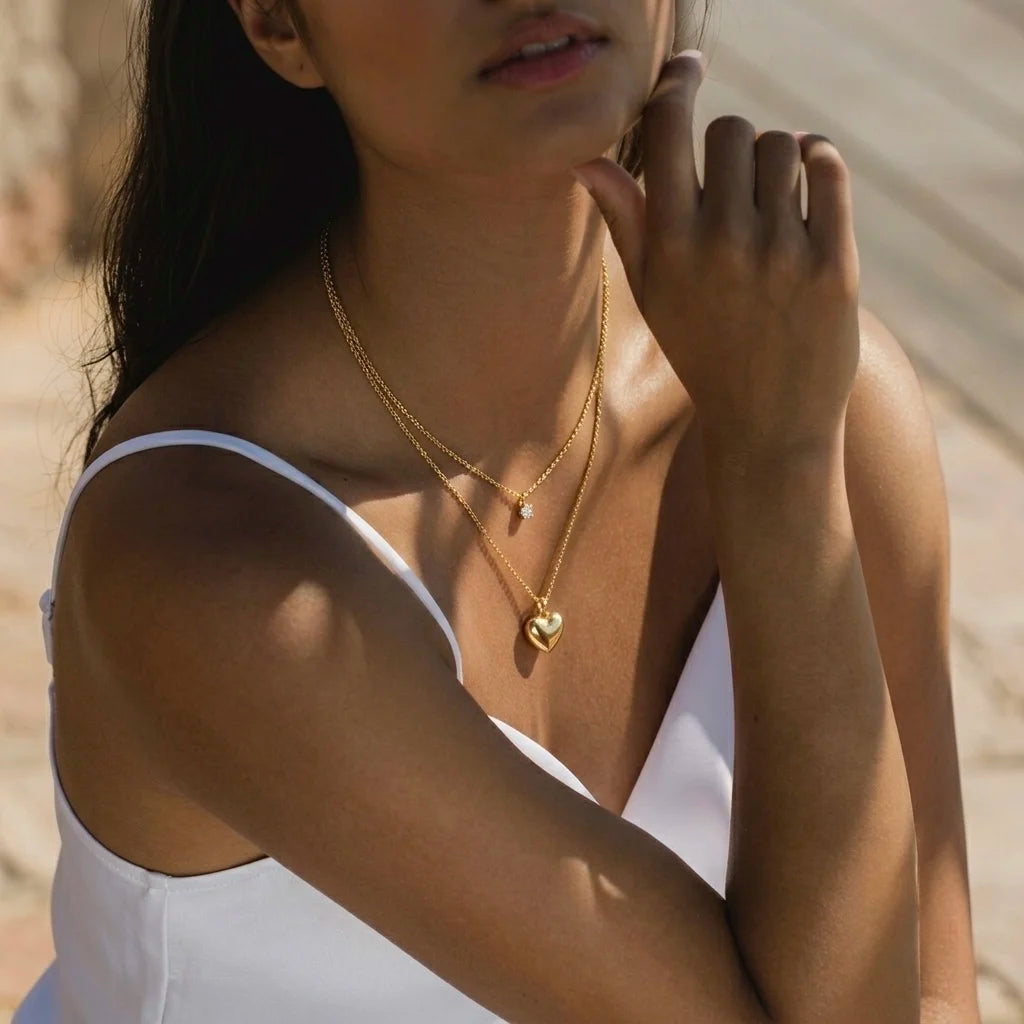 18Kt Gold Plated Heart & Solitaire Layered Necklace