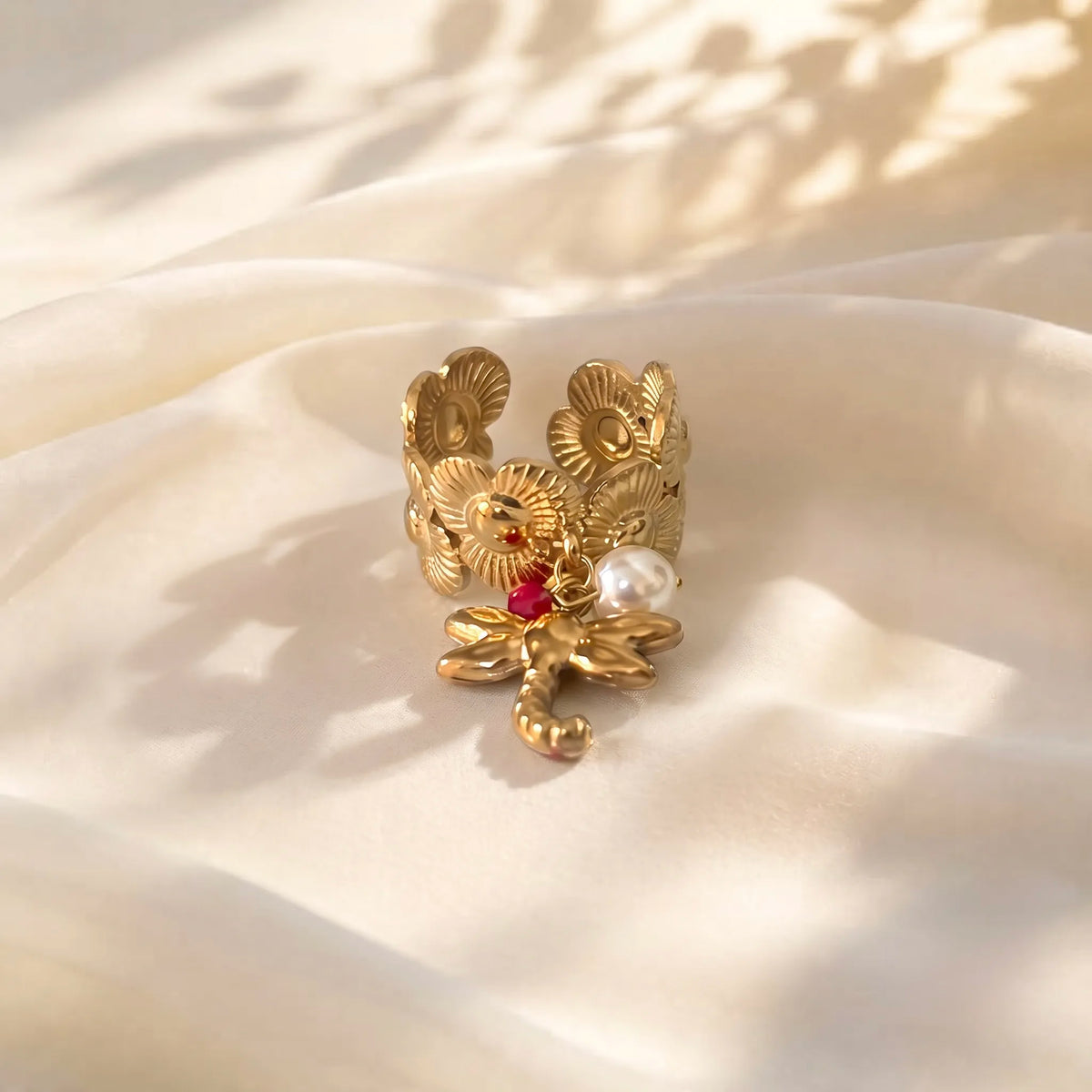 18Kt Gold Plated Floral Dragonfly Charm Statement  adjustable Ring