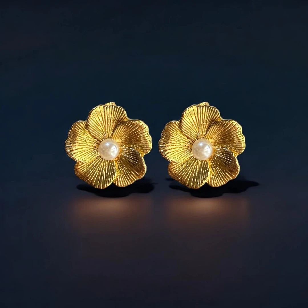 Dainty Floral Pearl Studs - 18K Gold Plated & Waterproof