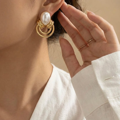 18KT Gold Plated Layered Loop Studs with Pearl Top  – Anti-Tarnish Modern Classic