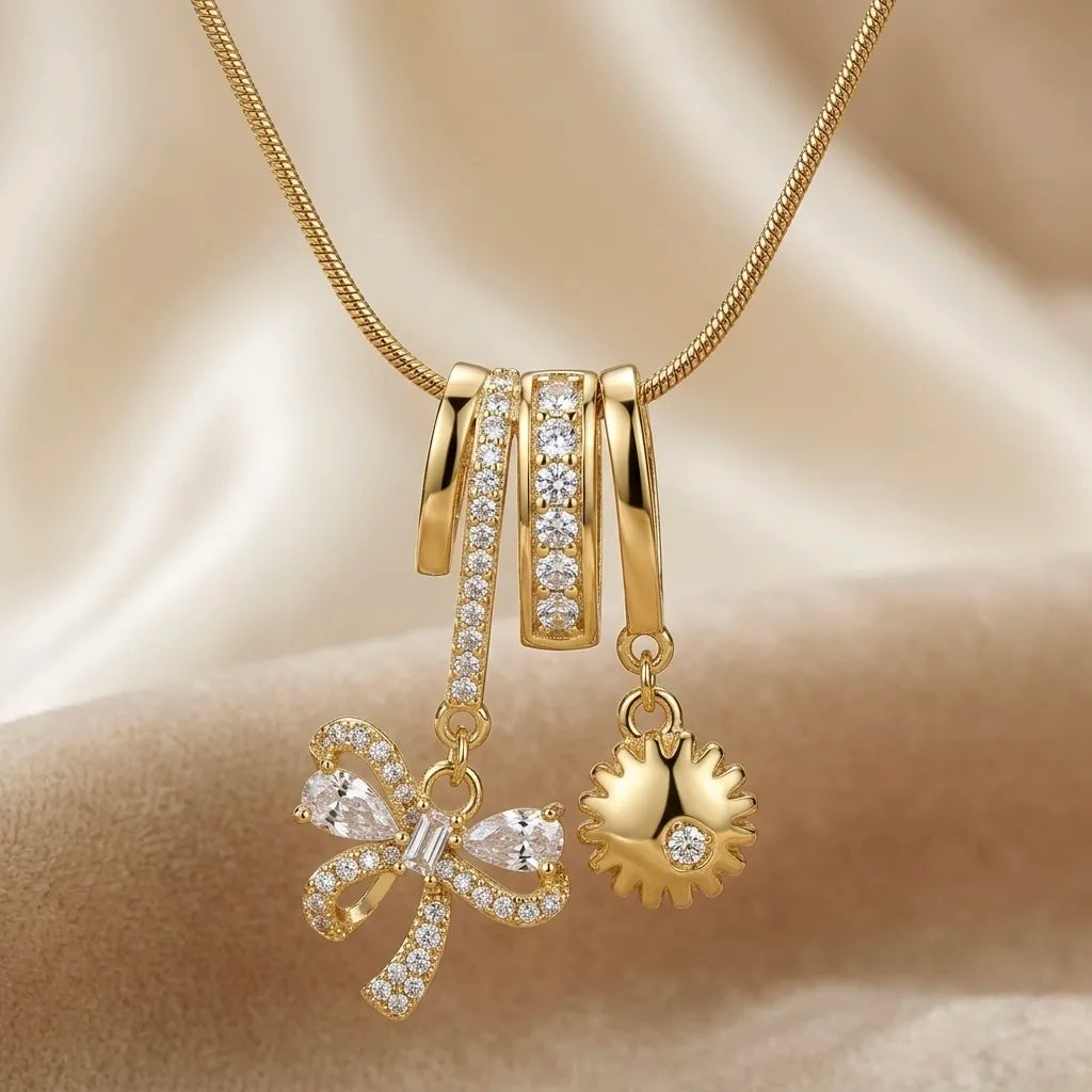 18Kt Gold Plated Bow & Sun Charm Pendant Necklace
