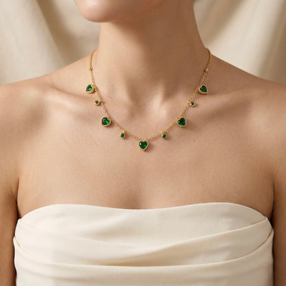 18Kt Gold Plated Green Stone Heart Necklace With Earrings