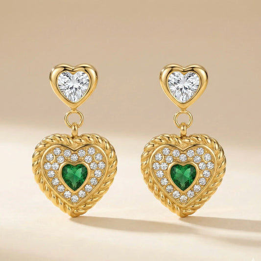 18KT Gold Plated Royal Green Heart Luxe Earrings
