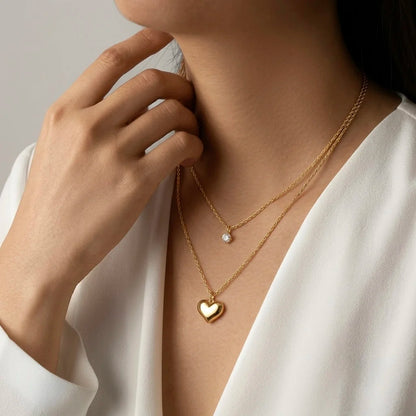 18Kt Gold Plated Heart & Solitaire Layered Necklace