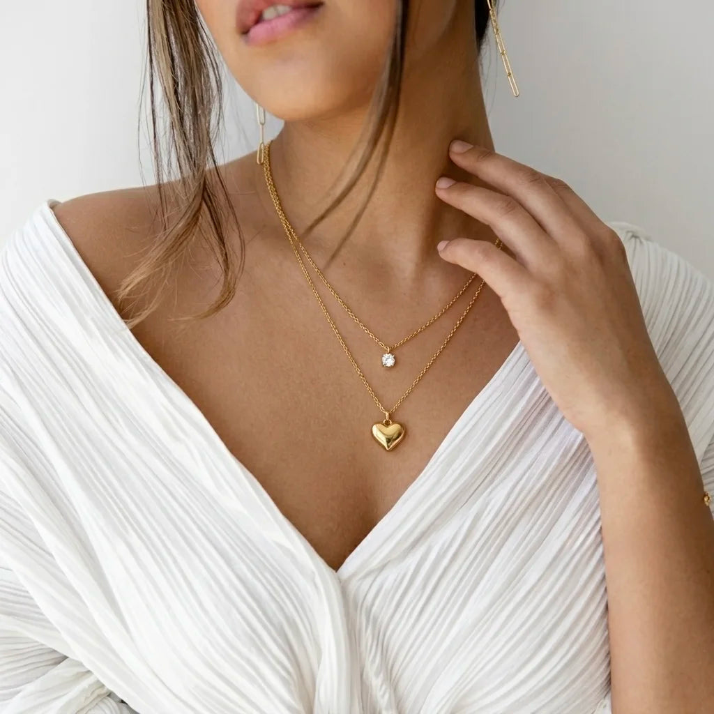 18Kt Gold Plated Heart & Solitaire Layered Necklace