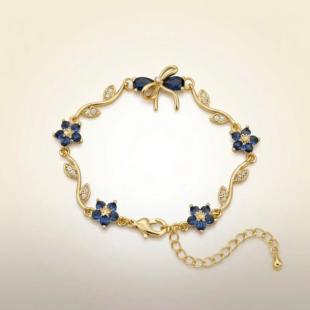18Kt Gold Plated Sapphire Floral Bow Bracelet
