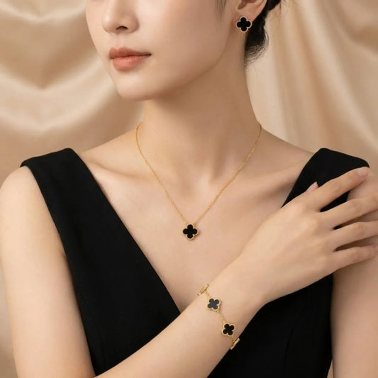 18KT Gold Plated Luxe Black Clover Duo Set