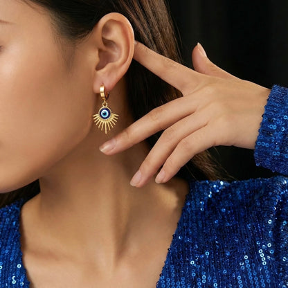 18KT Gold Plated Blue Evil Eye Charm Earrings