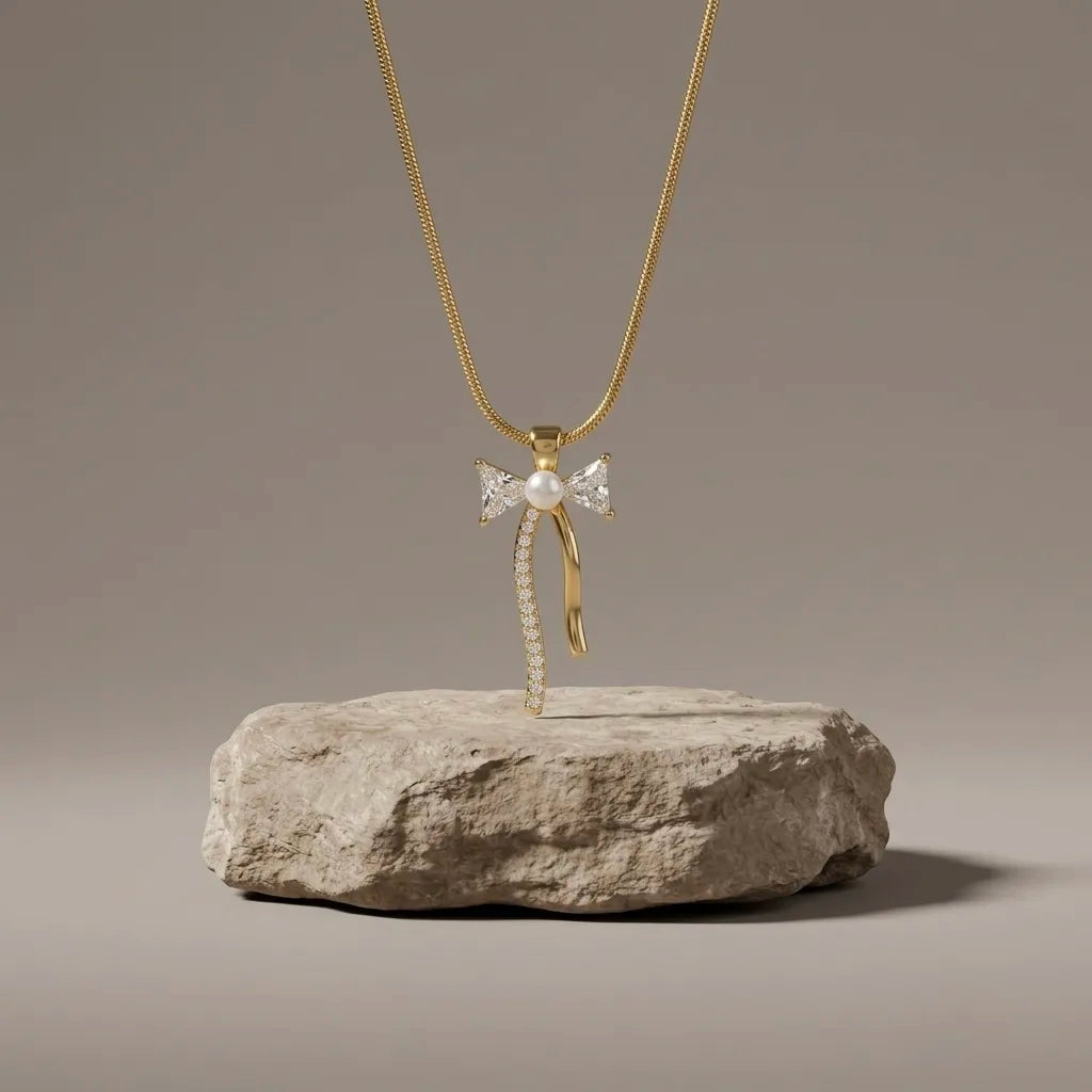18Kt Gold Plated Bow Shaped Pearl Necklace