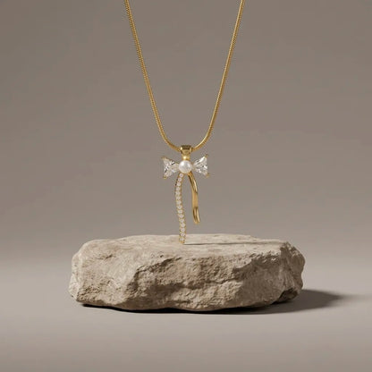 18Kt Gold Plated Bow Shaped Pearl Necklace