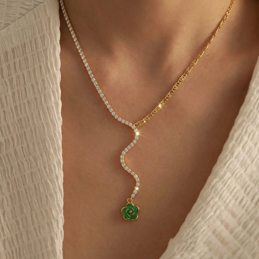18Kt Gold Plated Green Crystal Floral Y Necklace