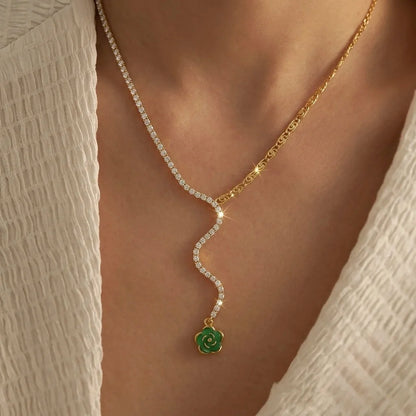 18Kt Gold Plated Green Crystal Floral Y Necklace