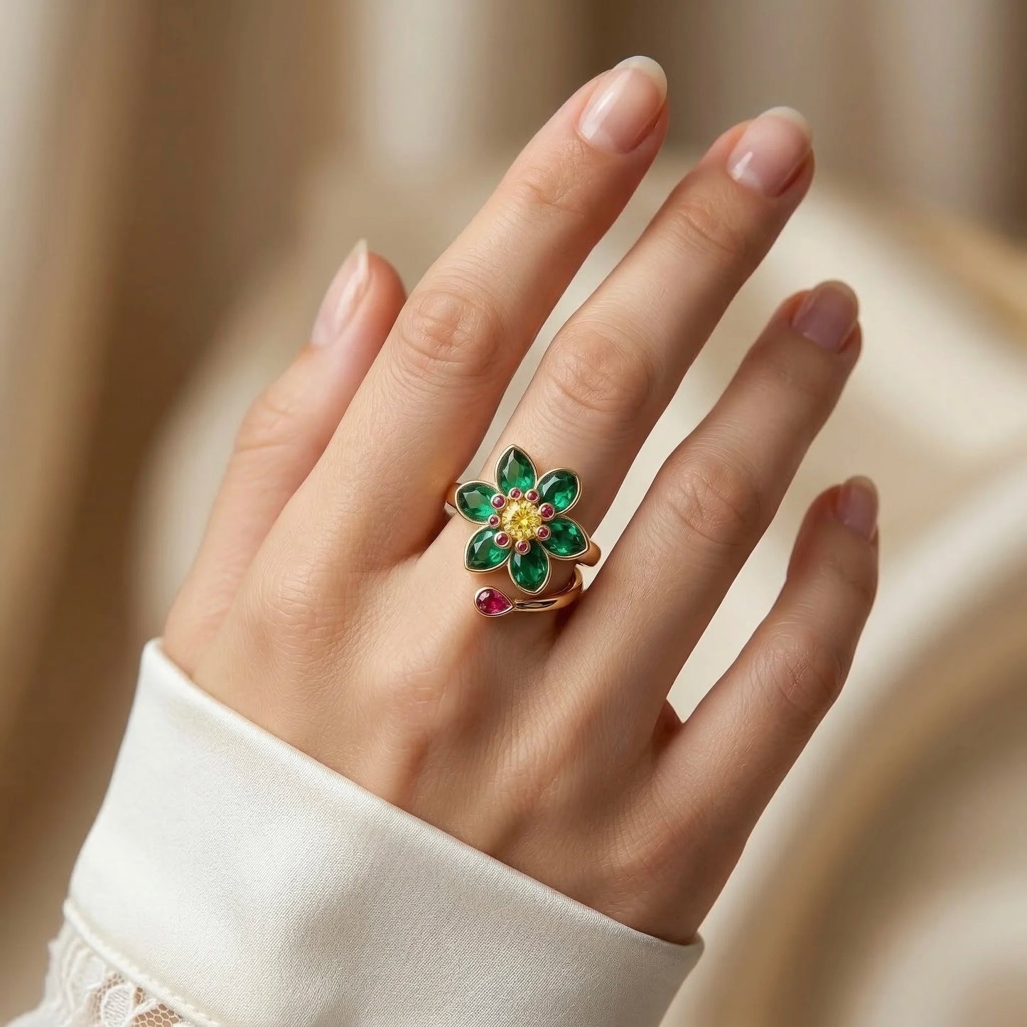 Adjustable, 18Kt Gold Plated Emerald Floral Cocktail Ring, Adjustable
