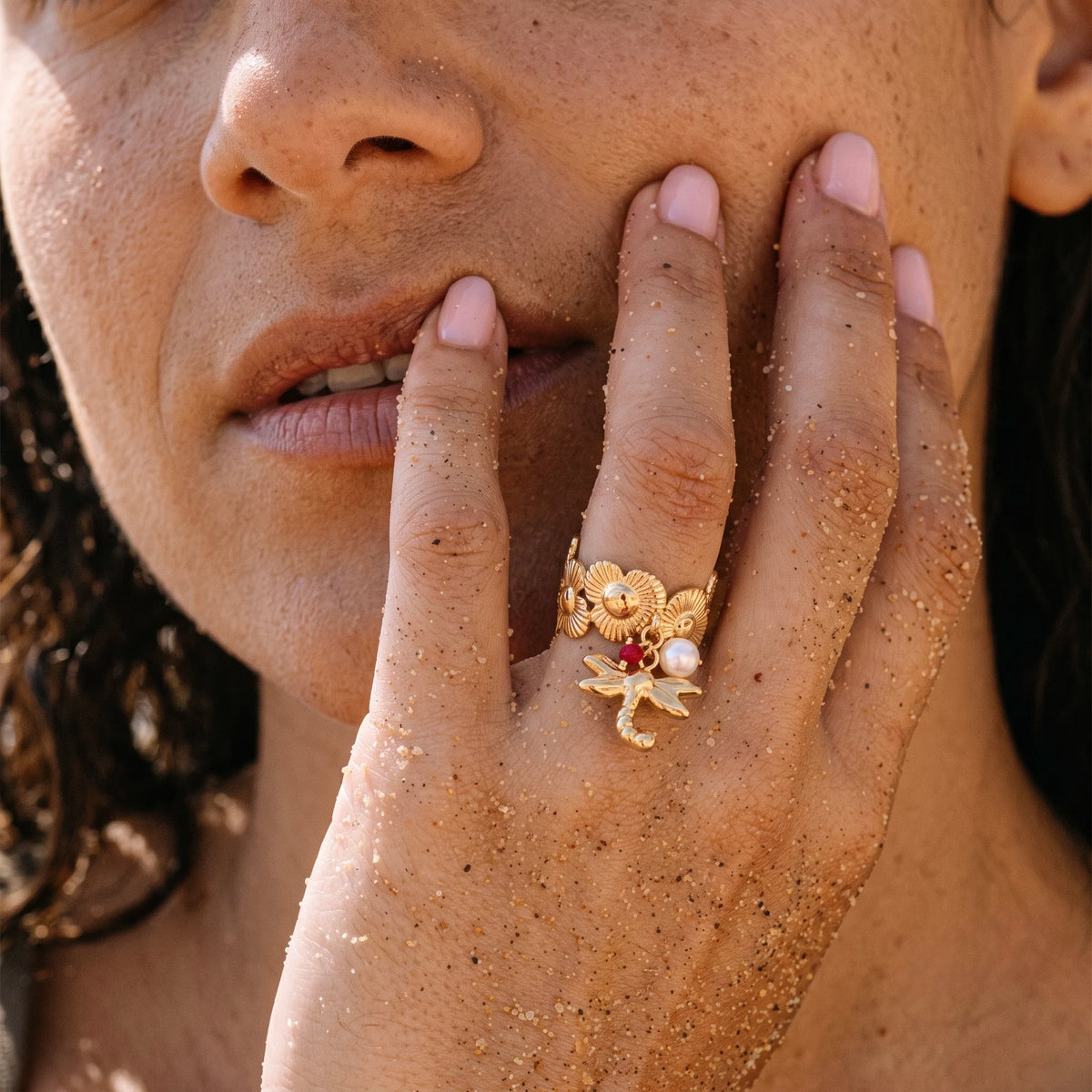 18Kt Gold Plated Floral Dragonfly Charm Statement  adjustable Ring