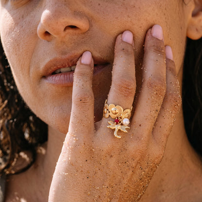 18Kt Gold Plated Floral Dragonfly Charm Statement  adjustable Ring