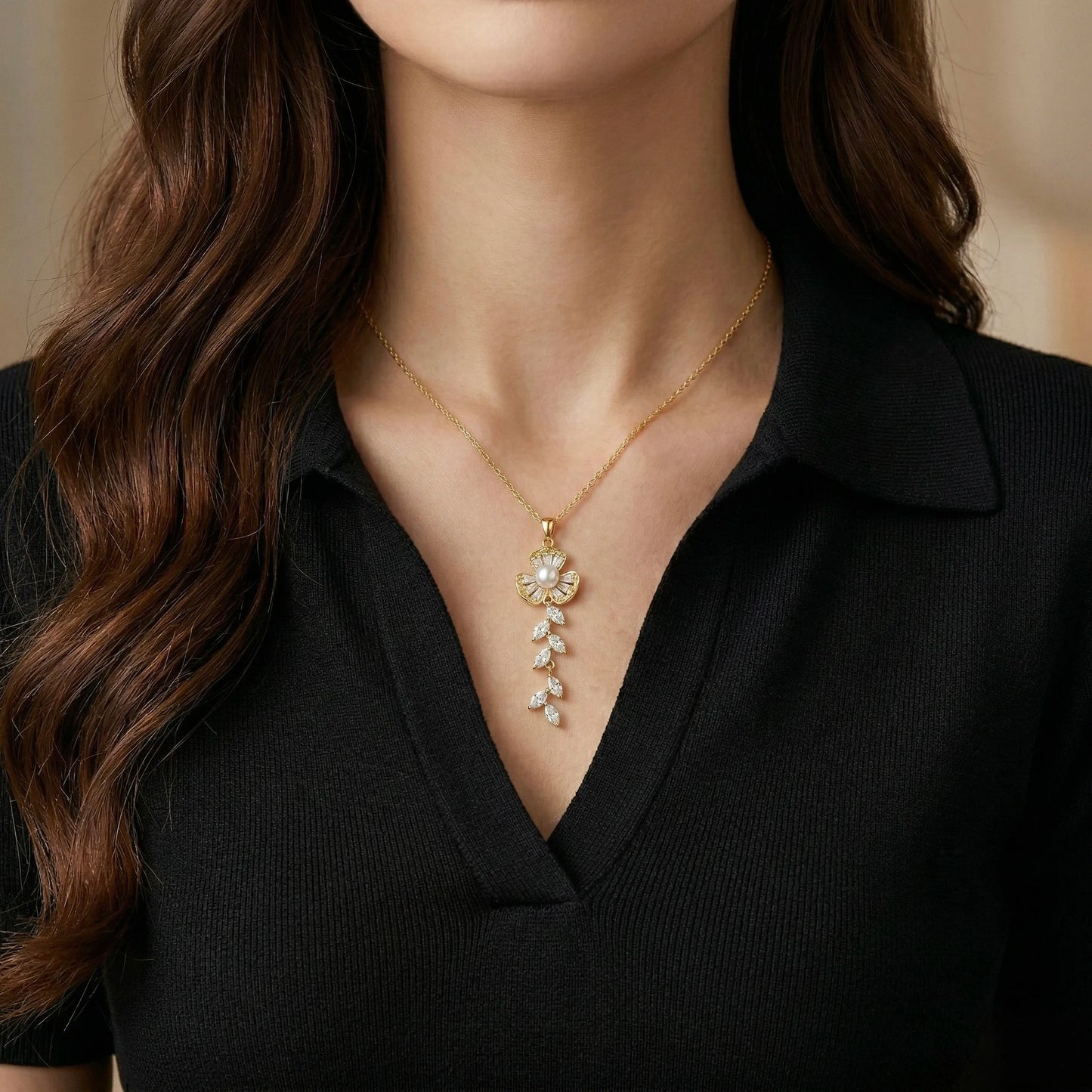 18Kt Gold Plated Elegant Pearl & CZ Flower Necklace